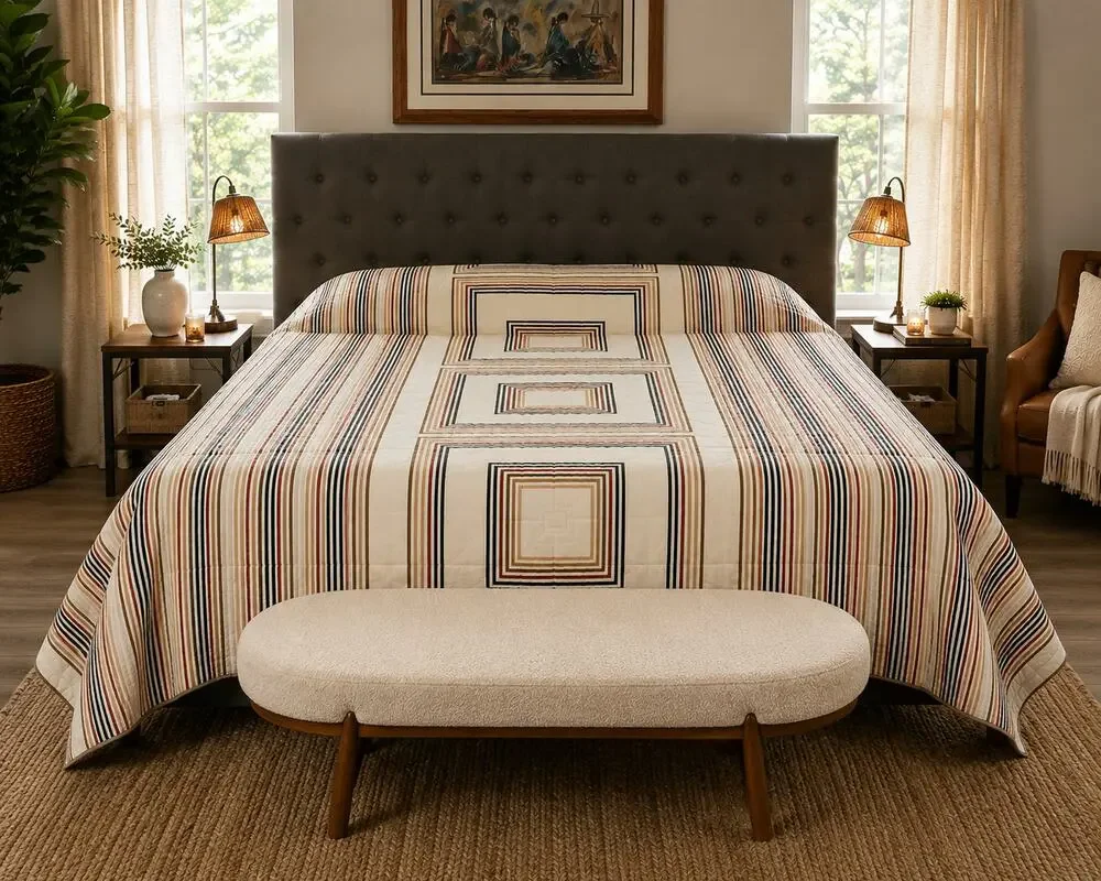 Vintage Vera Neumann for Burlington Reversible Cotton Bedspread Quilt 75” x 79”
